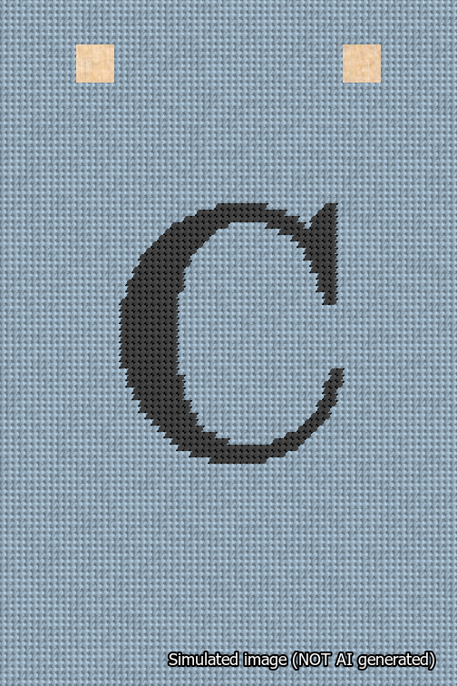 A simulated image of the stitched needlepoint design: Banner 18m Squared C Black on Light Blue. Not A.I. generated.