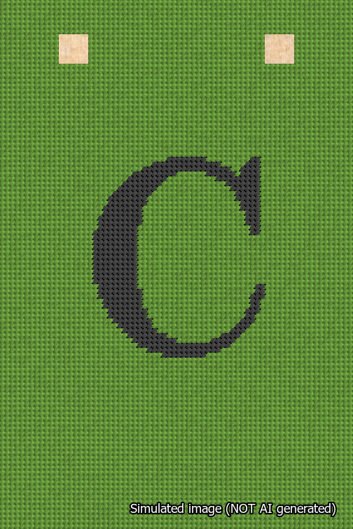 A simulated image of the stitched needlepoint design: Banner 18m Squared C Black on Light Green. Not A.I. generated.