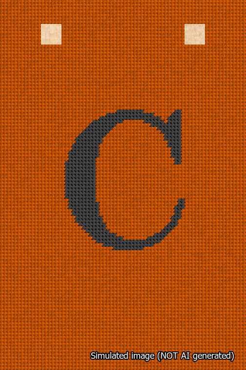 A simulated image of the stitched needlepoint design: Banner 18m Squared C Black on Orange. Not A.I. generated.