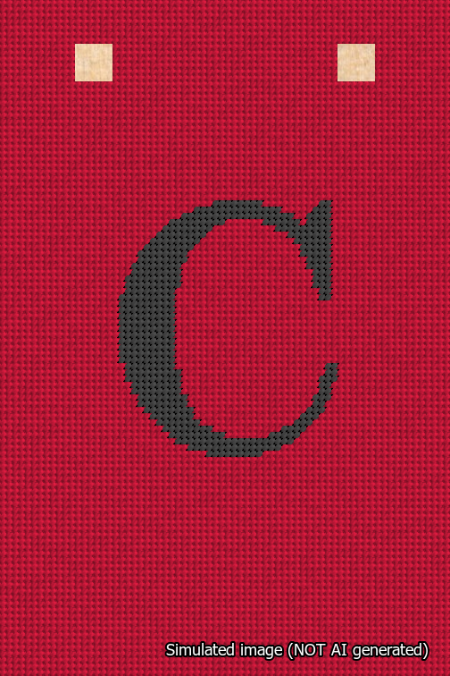 A simulated image of the stitched needlepoint design: Banner 18m Squared C Black on Red. Not A.I. generated.