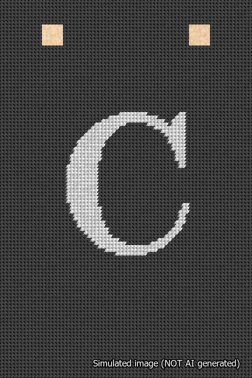 A simulated image of the stitched needlepoint design: Banner 18m Squared C White on Black. Not A.I. generated.