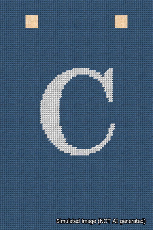A simulated image of the stitched needlepoint design: Banner 18m Squared C White on Blue. Not A.I. generated.