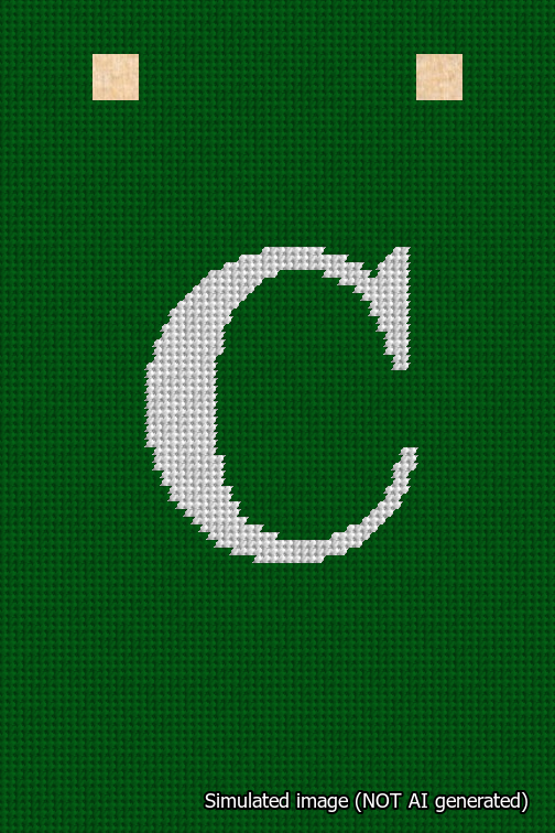 A simulated image of the stitched needlepoint design: Banner 18m Squared C White on Green. Not A.I. generated.