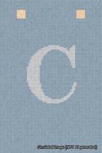 A simulated image of the stitched needlepoint design: Banner 18m Squared C White on Light Blue. Not A.I. generated.