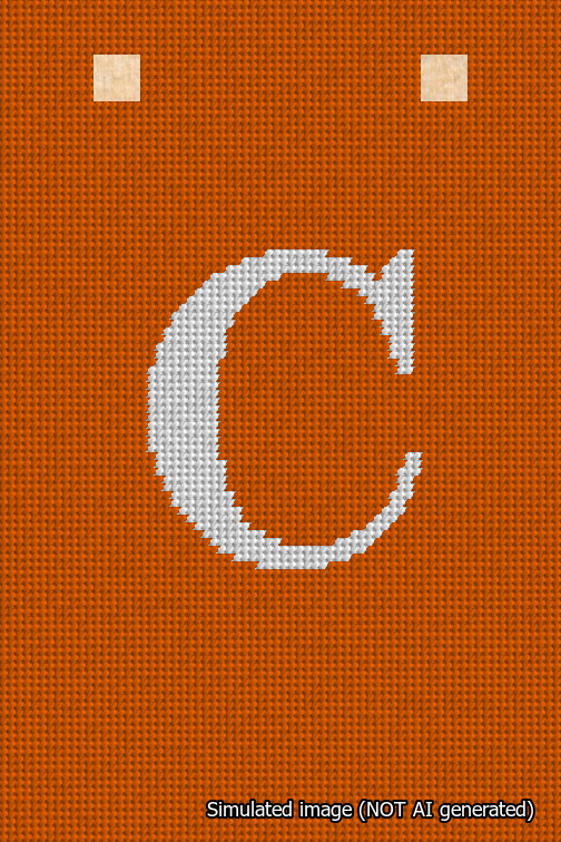 A simulated image of the stitched needlepoint design: Banner 18m Squared C White on Orange. Not A.I. generated.