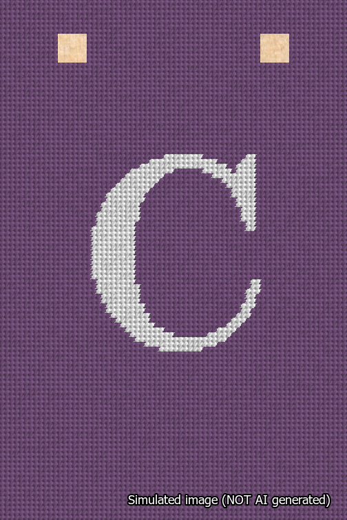 A simulated image of the stitched needlepoint design: Banner 18m Squared C White on Purple. Not A.I. generated.