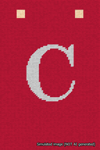 A simulated image of the stitched needlepoint design: Banner 18m Squared C White on Red. Not A.I. generated.