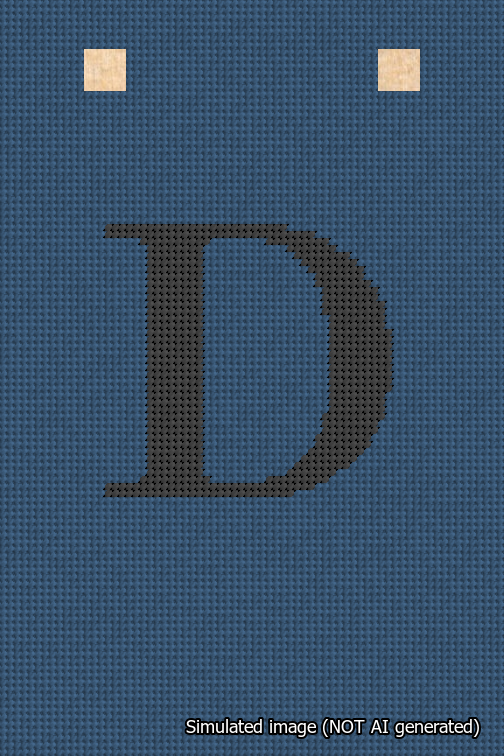 A simulated image of the stitched needlepoint design: Banner 18m Squared D Black on Blue. Not A.I. generated.