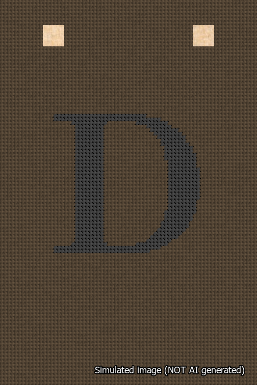 A simulated image of the stitched needlepoint design: Banner 18m Squared D Black on Brown. Not A.I. generated.