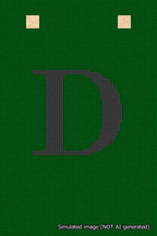 A simulated image of the stitched needlepoint design: Banner 18m Squared D Black on Green. Not A.I. generated.