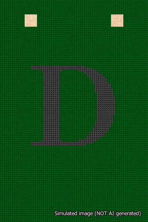A simulated image of the stitched needlepoint design: Banner 18m Squared D Black on Green. Not A.I. generated.