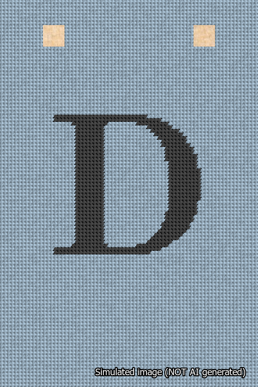 A simulated image of the stitched needlepoint design: Banner 18m Squared D Black on Light Blue. Not A.I. generated.