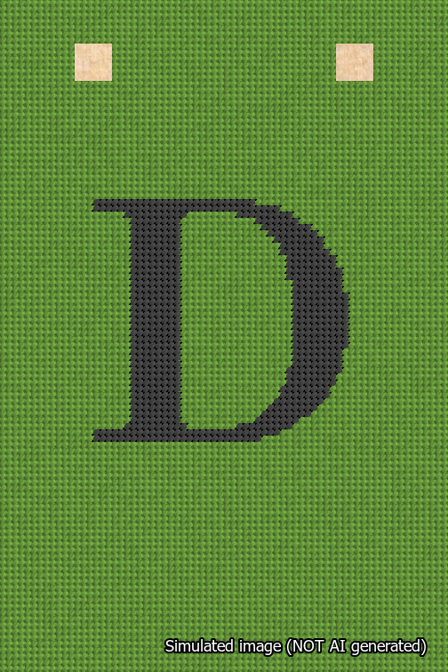 A simulated image of the stitched needlepoint design: Banner 18m Squared D Black on Light Green. Not A.I. generated.