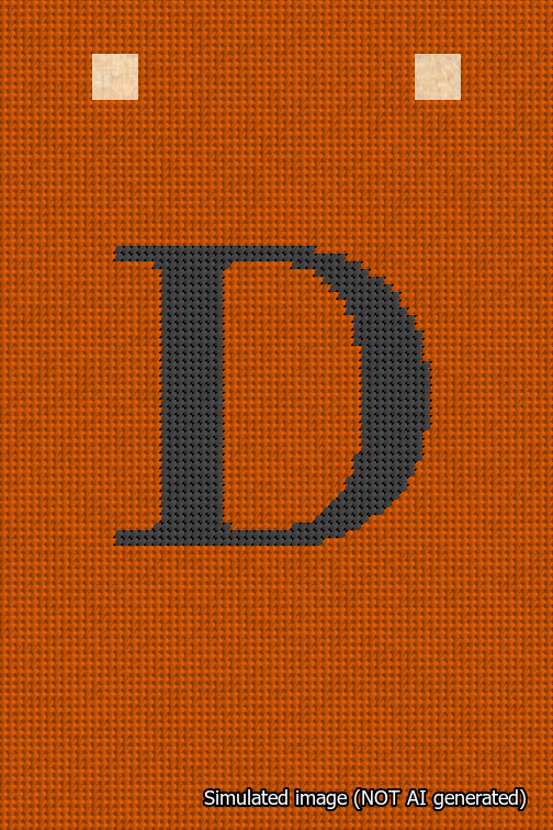 A simulated image of the stitched needlepoint design: Banner 18m Squared D Black on Orange. Not A.I. generated.
