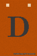 A simulated image of the stitched needlepoint design: Banner 18m Squared D Black on Orange. Not A.I. generated.