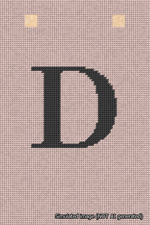 A simulated image of the stitched needlepoint design: Banner 18m Squared D Black on Pink. Not A.I. generated.