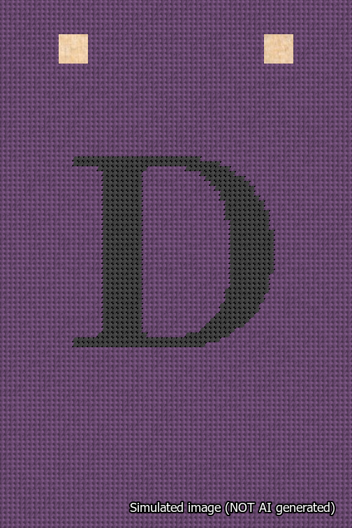 A simulated image of the stitched needlepoint design: Banner 18m Squared D Black on Purple. Not A.I. generated.