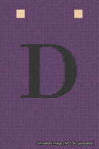 A simulated image of the stitched needlepoint design: Banner 18m Squared D Black on Purple. Not A.I. generated.