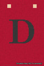 A simulated image of the stitched needlepoint design: Banner 18m Squared D Black on Red. Not A.I. generated.