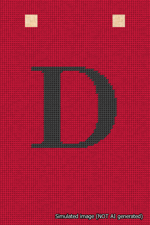 A simulated image of the stitched needlepoint design: Banner 18m Squared D Black on Red. Not A.I. generated.