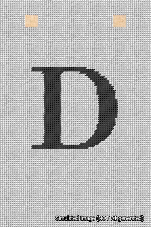 A simulated image of the stitched needlepoint design: Banner 18m Squared D Black on White. Not A.I. generated.