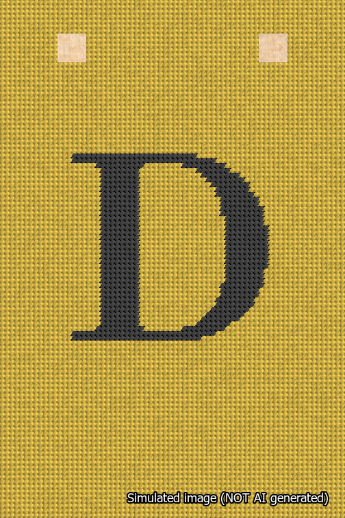 A simulated image of the stitched needlepoint design: Banner 18m Squared D Black on Yellow. Not A.I. generated.