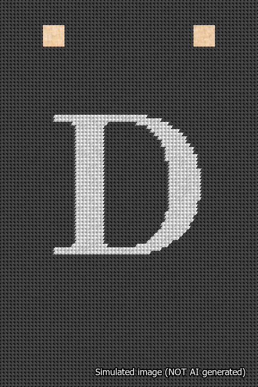 A simulated image of the stitched needlepoint design: Banner 18m Squared D White on Black. Not A.I. generated.