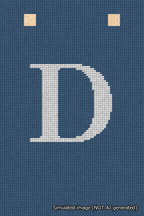 A simulated image of the stitched needlepoint design: Banner 18m Squared D White on Blue. Not A.I. generated.