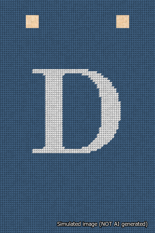 A simulated image of the stitched needlepoint design: Banner 18m Squared D White on Blue. Not A.I. generated.