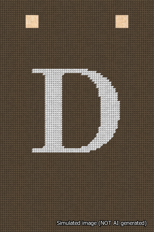 A simulated image of the stitched needlepoint design: Banner 18m Squared D White on Brown. Not A.I. generated.