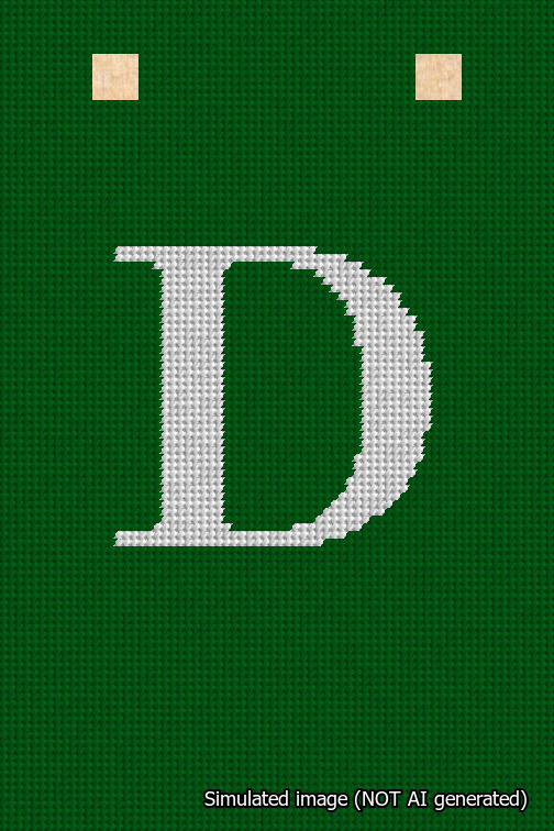A simulated image of the stitched needlepoint design: Banner 18m Squared D White on Green. Not A.I. generated.
