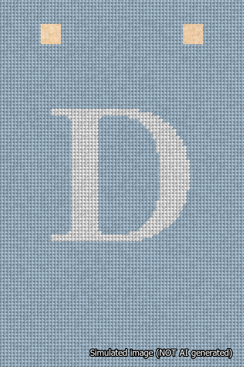A simulated image of the stitched needlepoint design: Banner 18m Squared D White on Light Blue. Not A.I. generated.