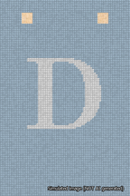 A simulated image of the stitched needlepoint design: Banner 18m Squared D White on Light Blue. Not A.I. generated.