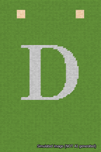 A simulated image of the stitched needlepoint design: Banner 18m Squared D White on Light Green. Not A.I. generated.