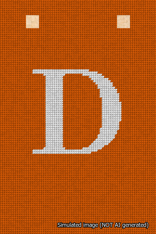 A simulated image of the stitched needlepoint design: Banner 18m Squared D White on Orange. Not A.I. generated.