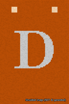 A simulated image of the stitched needlepoint design: Banner 18m Squared D White on Orange. Not A.I. generated.