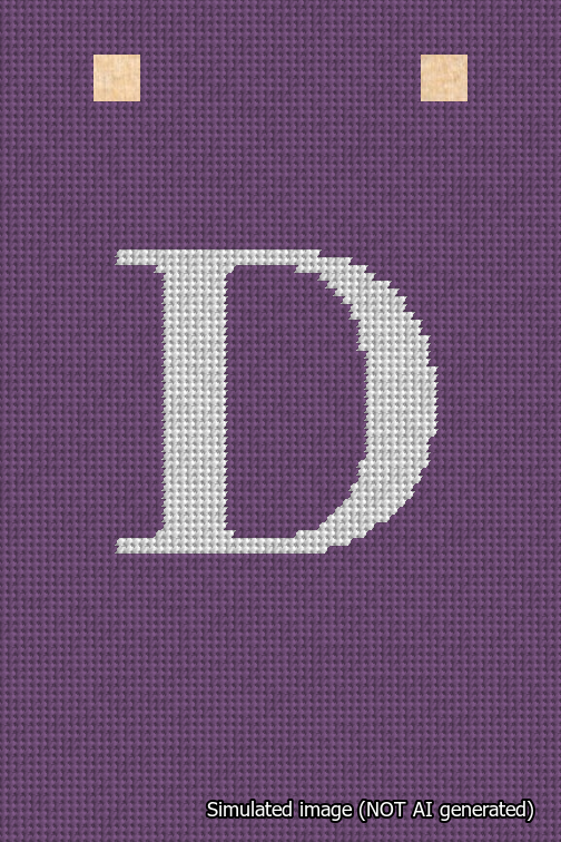 A simulated image of the stitched needlepoint design: Banner 18m Squared D White on Purple. Not A.I. generated.