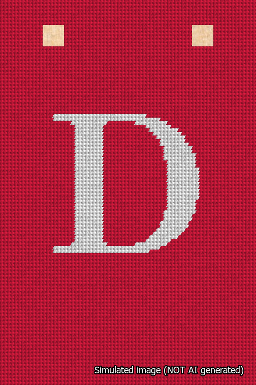 A simulated image of the stitched needlepoint design: Banner 18m Squared D White on Red. Not A.I. generated.