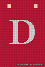 A simulated image of the stitched needlepoint design: Banner 18m Squared D White on Red. Not A.I. generated.
