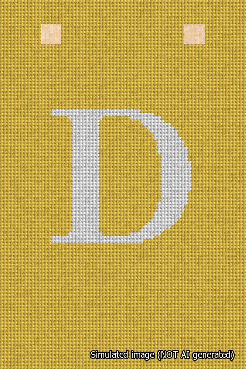 A simulated image of the stitched needlepoint design: Banner 18m Squared D White on Yellow. Not A.I. generated.