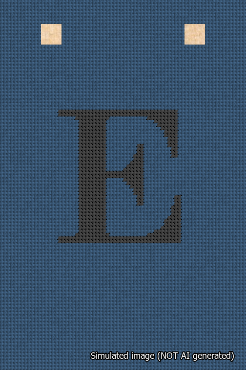 A simulated image of the stitched needlepoint design: Banner 18m Squared E Black on Blue. Not A.I. generated.