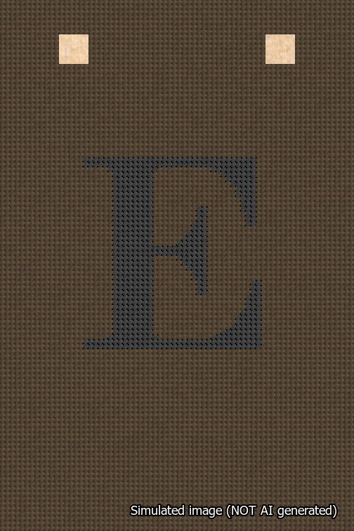 A simulated image of the stitched needlepoint design: Banner 18m Squared E Black on Brown. Not A.I. generated.