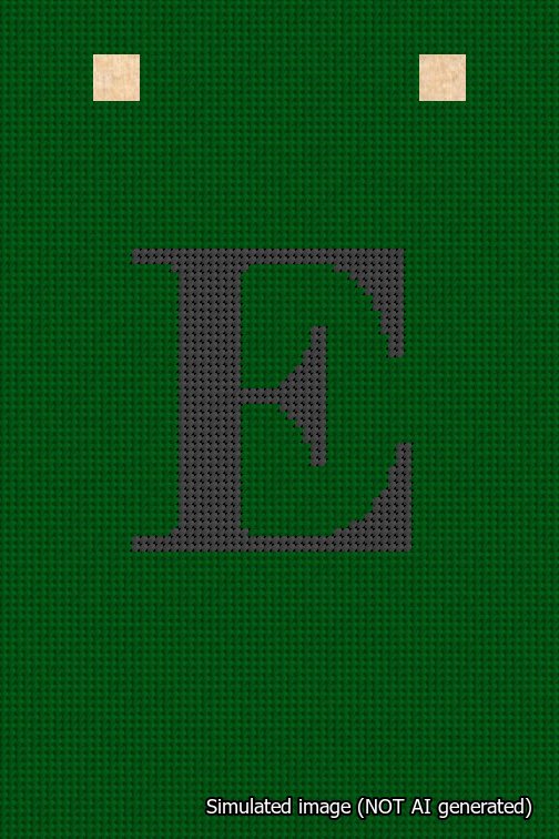 A simulated image of the stitched needlepoint design: Banner 18m Squared E Black on Green. Not A.I. generated.