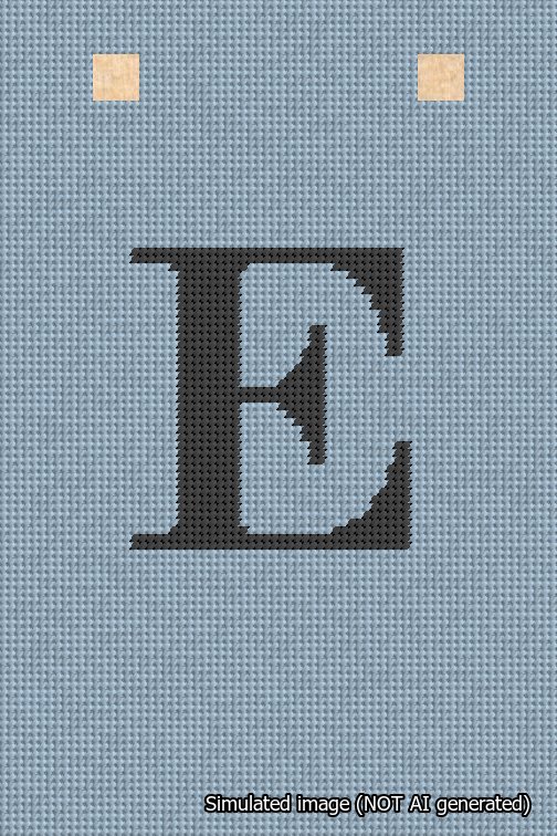 A simulated image of the stitched needlepoint design: Banner 18m Squared E Black on Light Blue. Not A.I. generated.