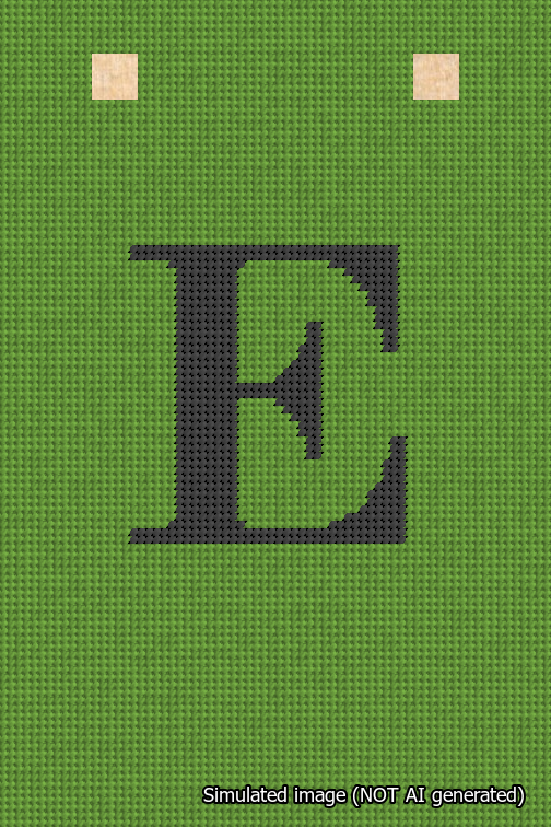 A simulated image of the stitched needlepoint design: Banner 18m Squared E Black on Light Green. Not A.I. generated.