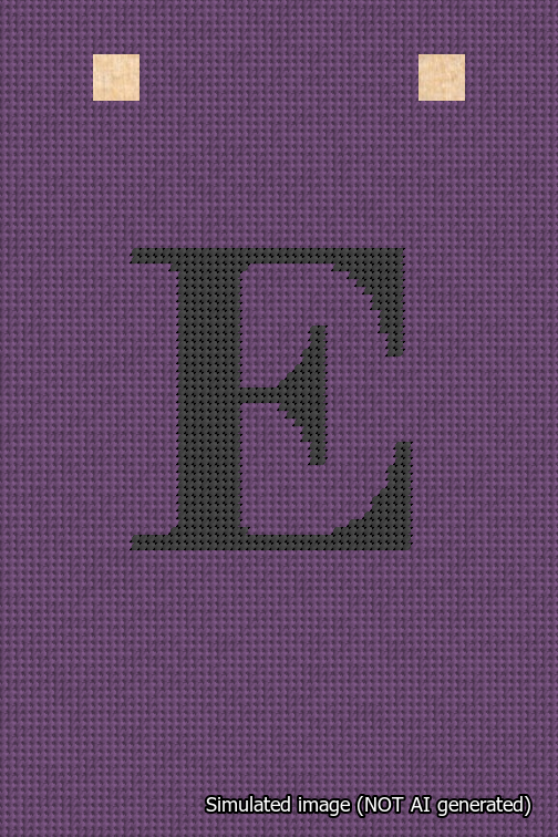A simulated image of the stitched needlepoint design: Banner 18m Squared E Black on Purple. Not A.I. generated.