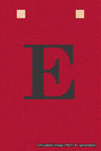 A simulated image of the stitched needlepoint design: Banner 18m Squared E Black on Red. Not A.I. generated.