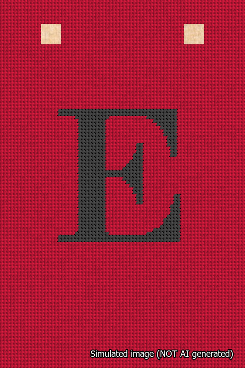 A simulated image of the stitched needlepoint design: Banner 18m Squared E Black on Red. Not A.I. generated.