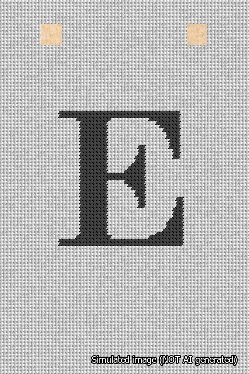 A simulated image of the stitched needlepoint design: Banner 18m Squared E Black on White. Not A.I. generated.