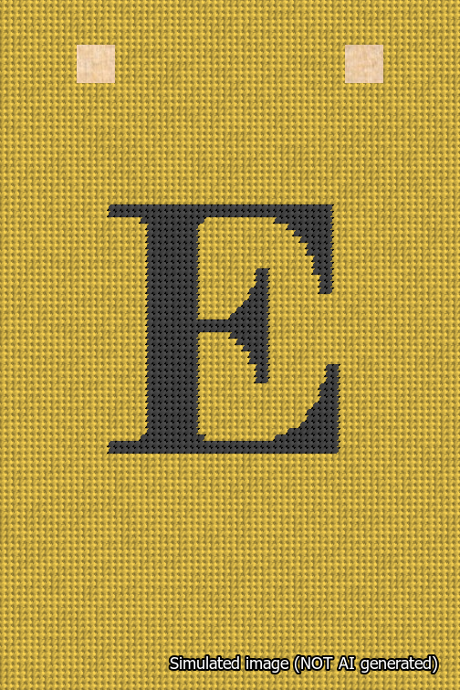 A simulated image of the stitched needlepoint design: Banner 18m Squared E Black on Yellow. Not A.I. generated.